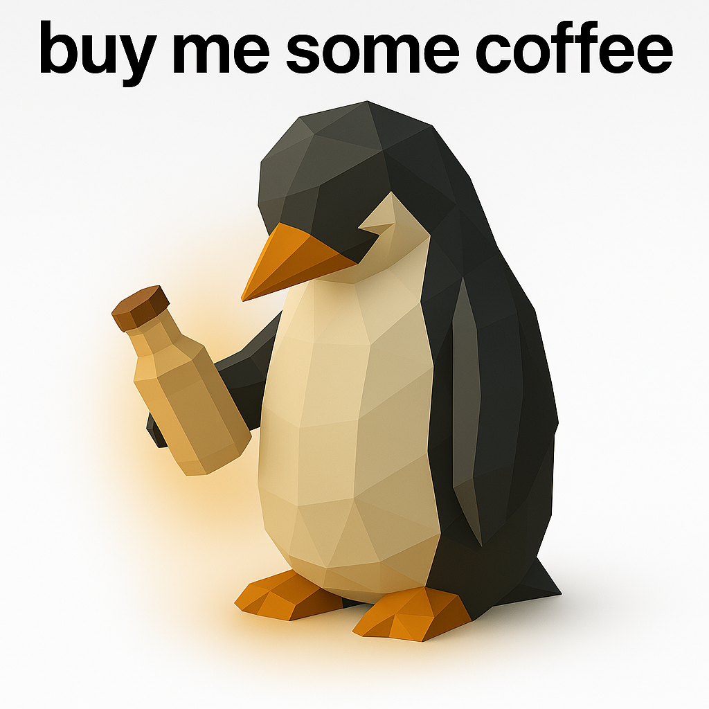 Low-poly penguin holding a coffee bottle - Help fund Max's server!